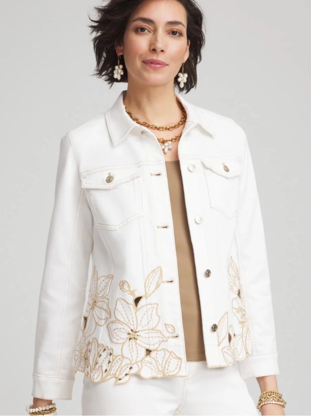Chico's White Denim Jacket with Gold Floral Cutouts